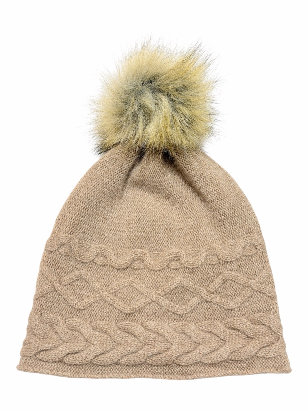 White Pine 100% Cashmere Cable Knit Faux Fur Pom Pom Beanie Camel